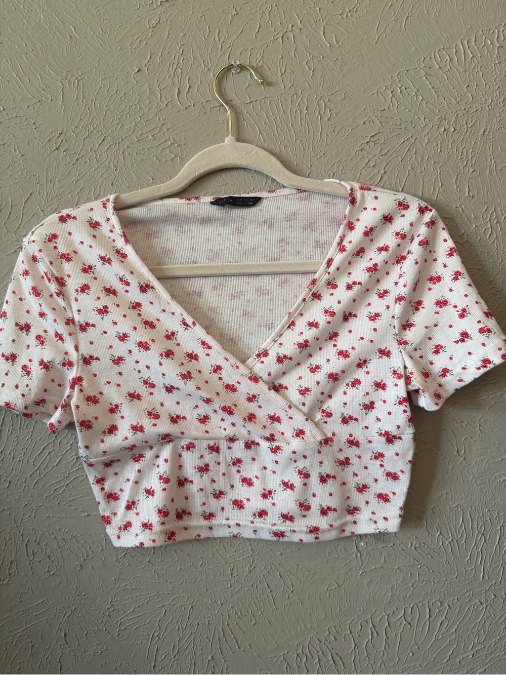 Zara White Cropped Wrap Top with Red Floral Print